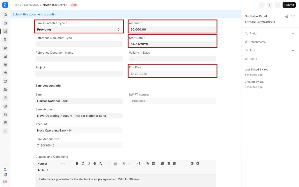 Bank Guarantee type, amount, and validity fields