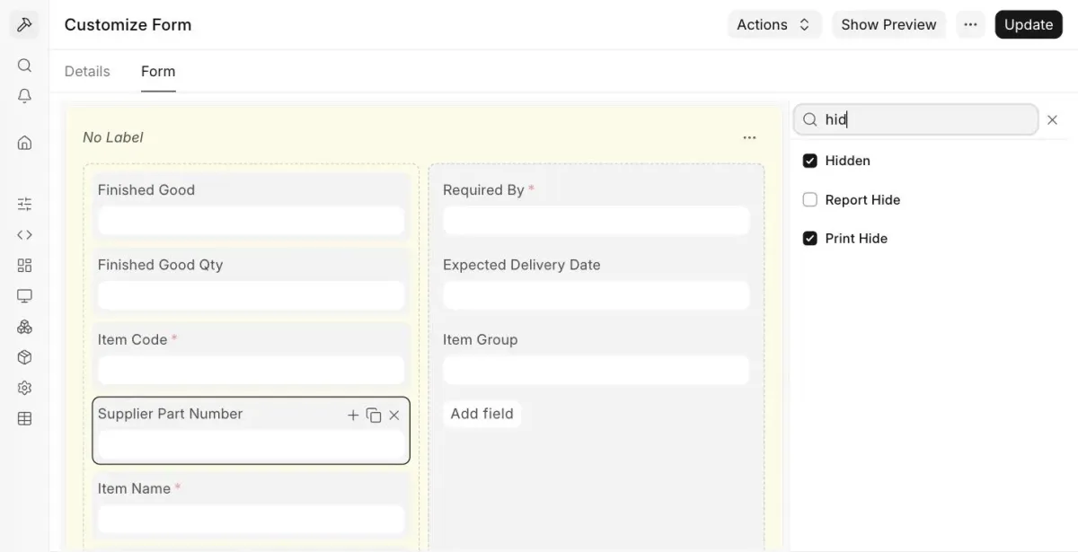 Supplier Part Number in Customize Form