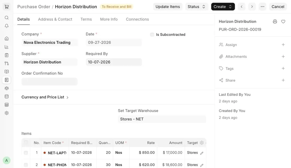 Update Items button in Purchase Order