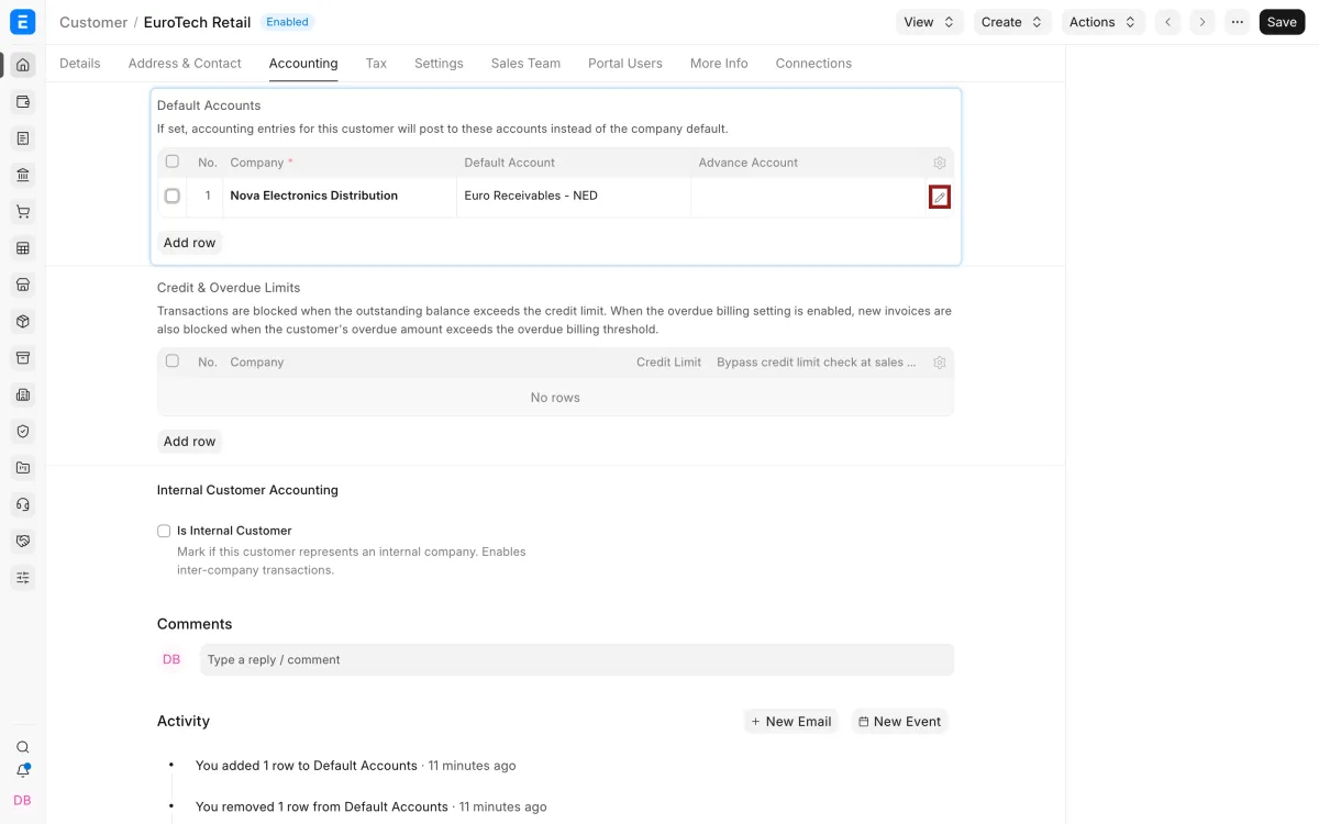 Open the Customer default-account row