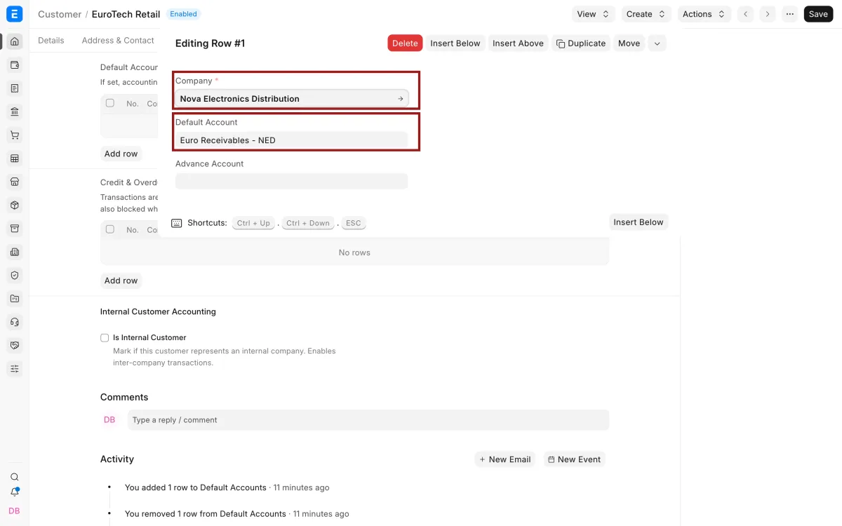 Customer linked to a EUR receivable account