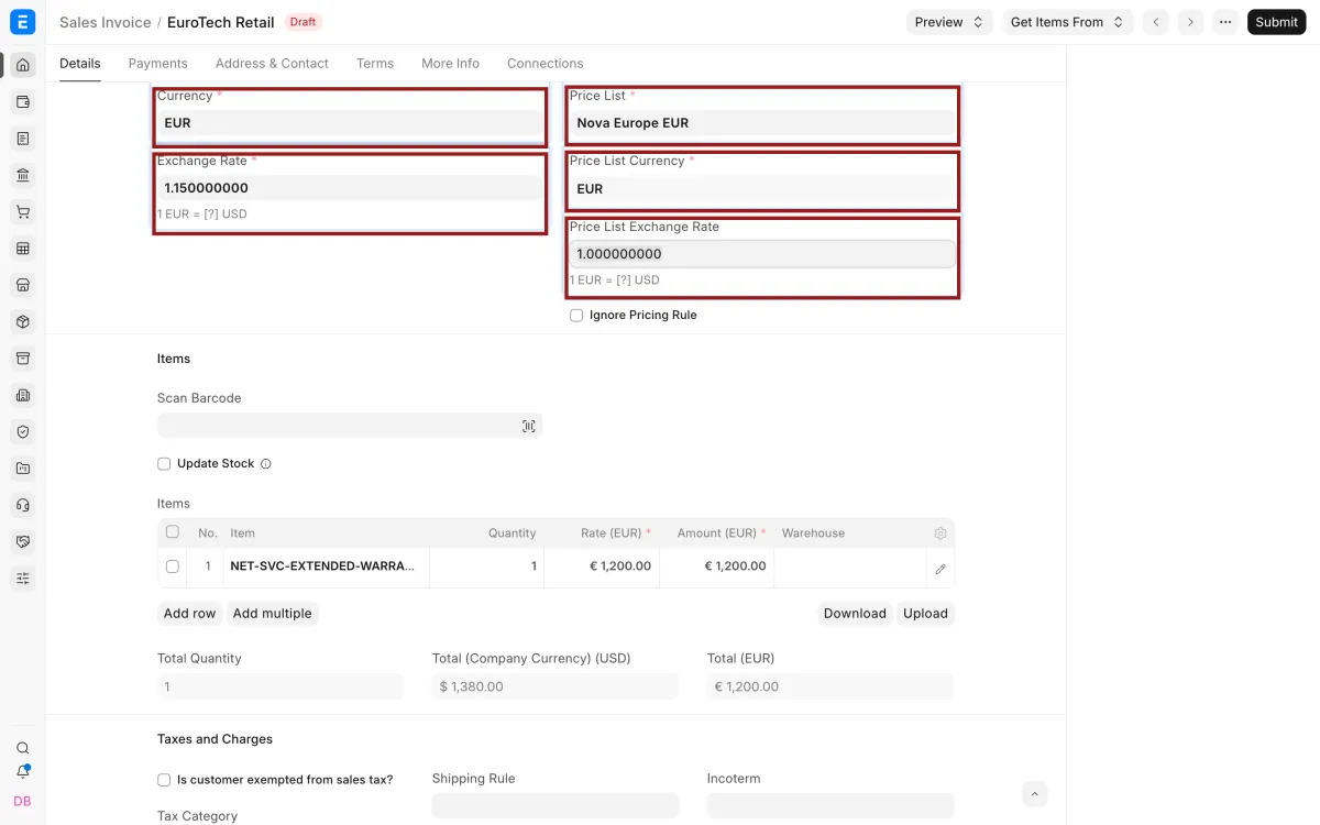 EUR Sales Invoice and conversion rates